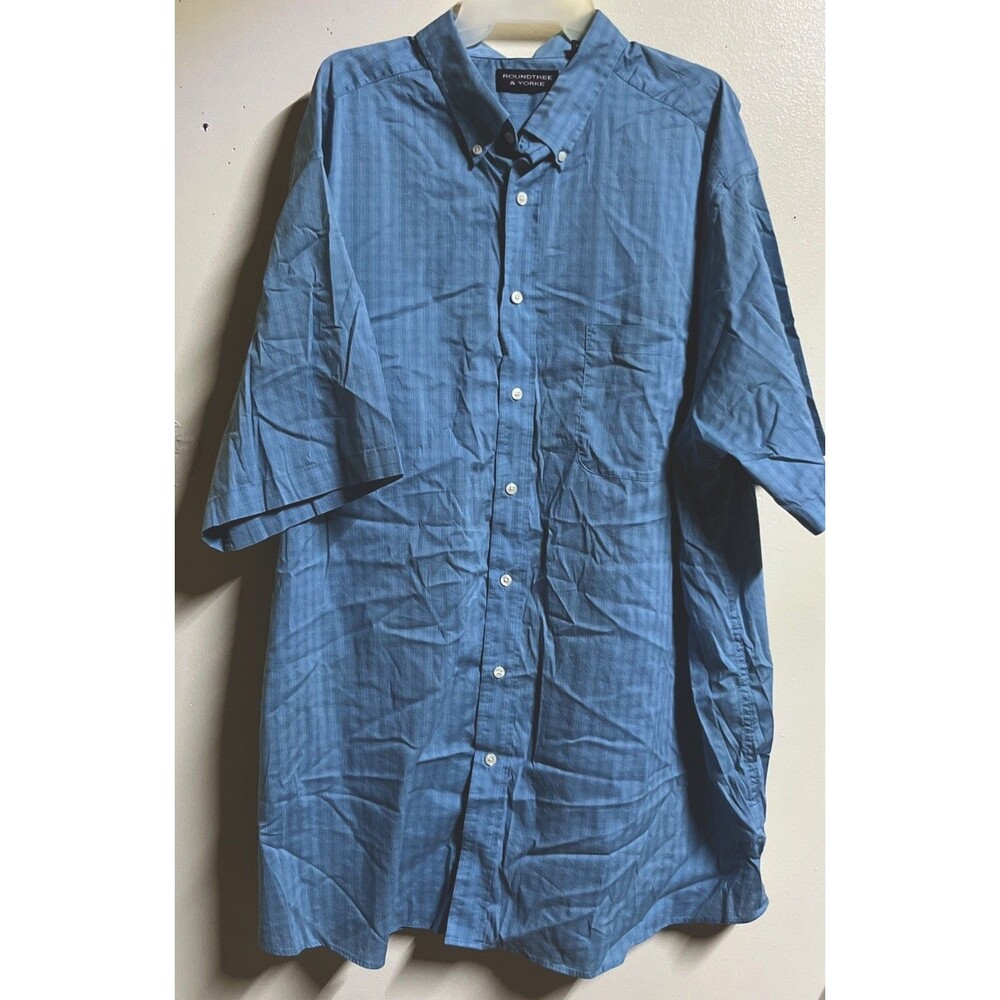 Roundtree & Yorke Mens Dress Shirt Size 3XT Blue Stripe Short Sleeve Pocket